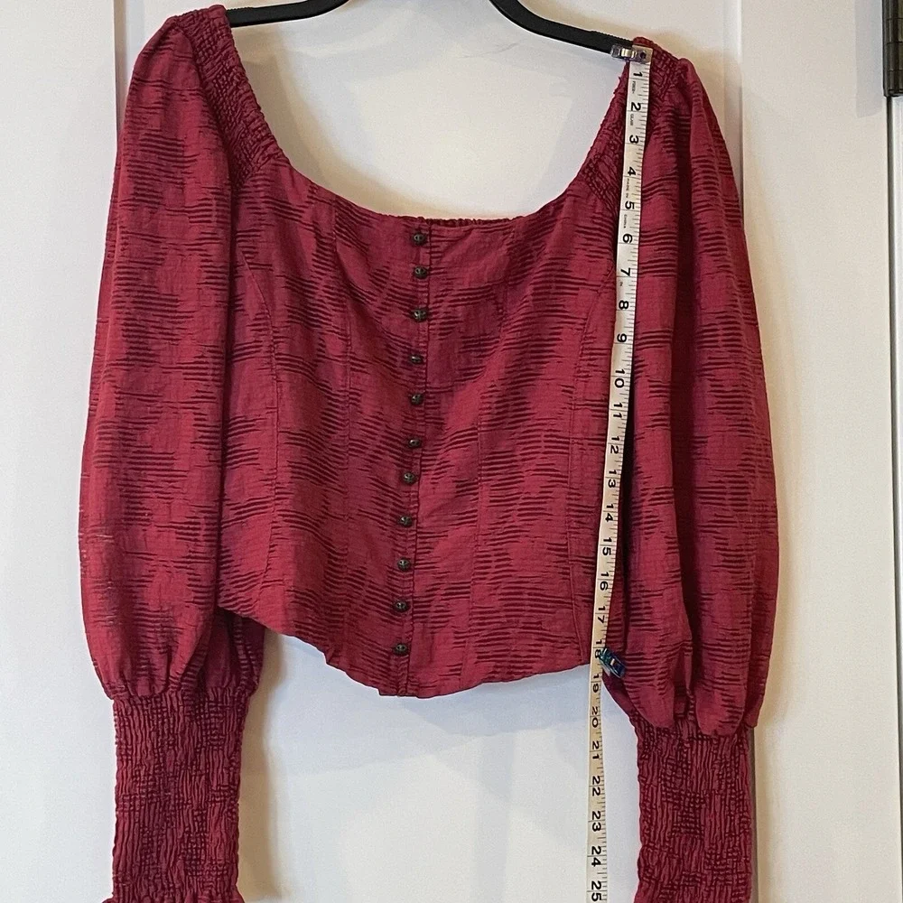 Anthropologie Womens M Shirt Top Sheer Puff Sleeve Smocked Corset Raspberry $120